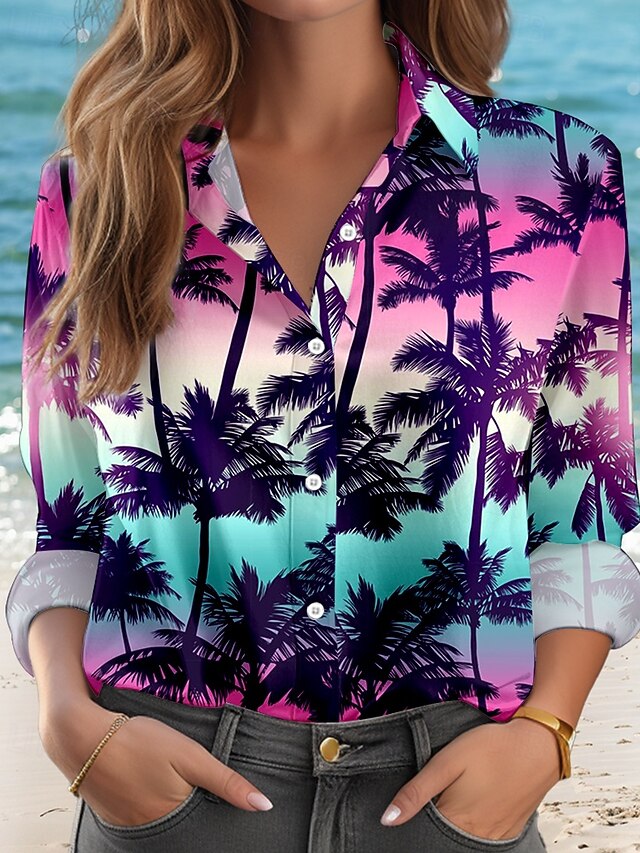 Women's Shirt Button Down Tunic Shirt Collar Long Sleeve Hawaiian Casual Ombre Regular Tops s Print Regular Fit Work Daily Purple Holiday Clothes Beach Wear4