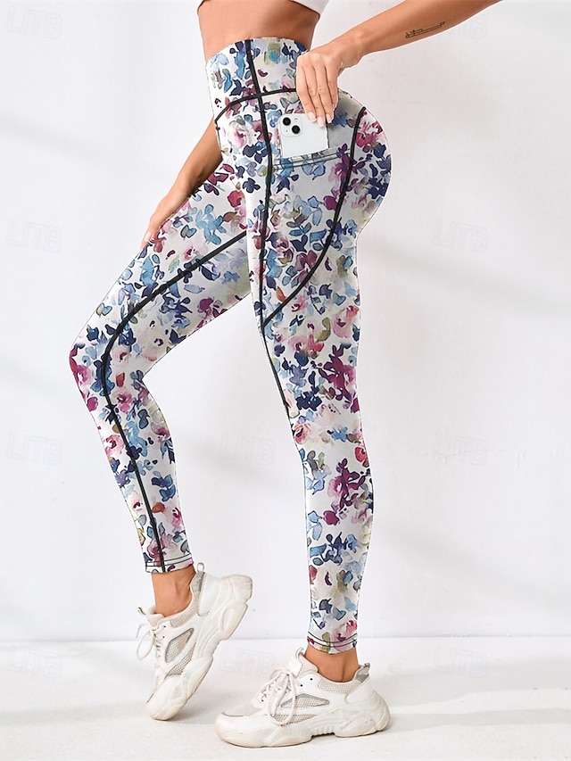  Women's Yoga Pants Yoga Leggings High Waist Yoga Gym Workout Pilates Tights Floral Blue Fall Sports Activewear Stretchy Slim