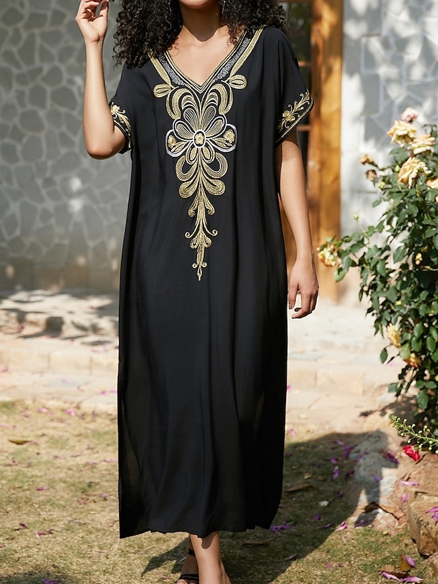  Femme Robe Maxi Robe casual robe boheme Décontractées Vacances du quotidien Standard Floral Demi Manches Col V Rouge Bleu Dorée Eté Printemps Automne
