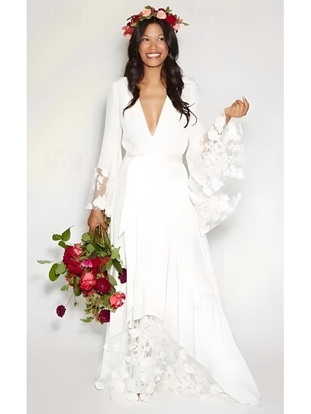  Abiti da Sposa Abito da Sposa in Spiaggia A-Line V Collo Maniche Lunghe Lunghezza Piena Chiffon Abiti da Sposa con Fusciacca  Nastro Colore Unito