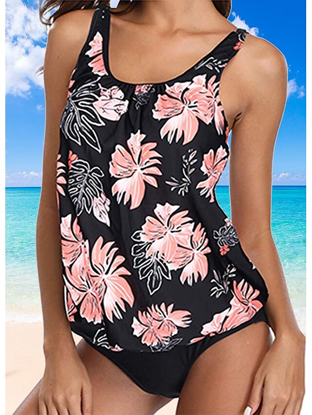  Dam Badkläder Tankini 2 st Kaxig Baddräkt Rynkad Semester Standkläder Blommig Grafisk U-hals Ärmlös Baddräkter
