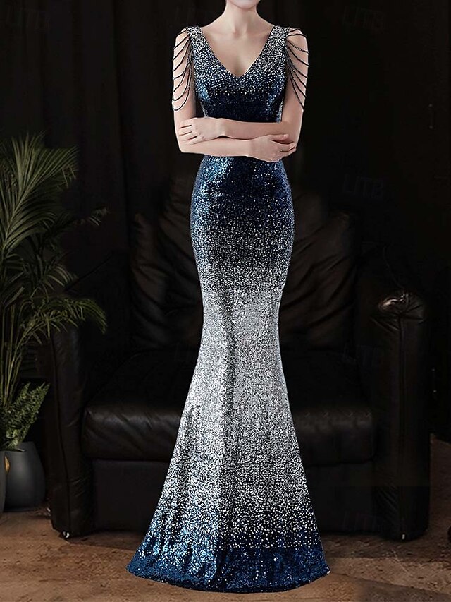  Robes de bal sirène  trompette en sequin Ombre Robe de fête Robe formelle de cocktail Longueur de sol Sans manches Col en V avec perles en sequin