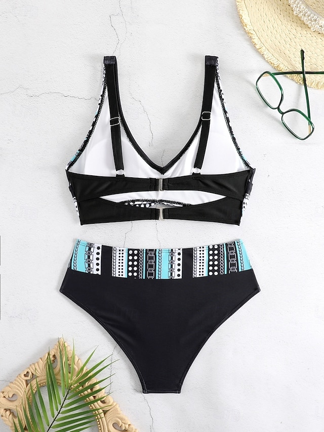  Dam Badkläder Bikini 2 st Kaxig Baddräkt Öppen rygg Smal Semester Standkläder Färgblock V-hals Ärmlös Baddräkter