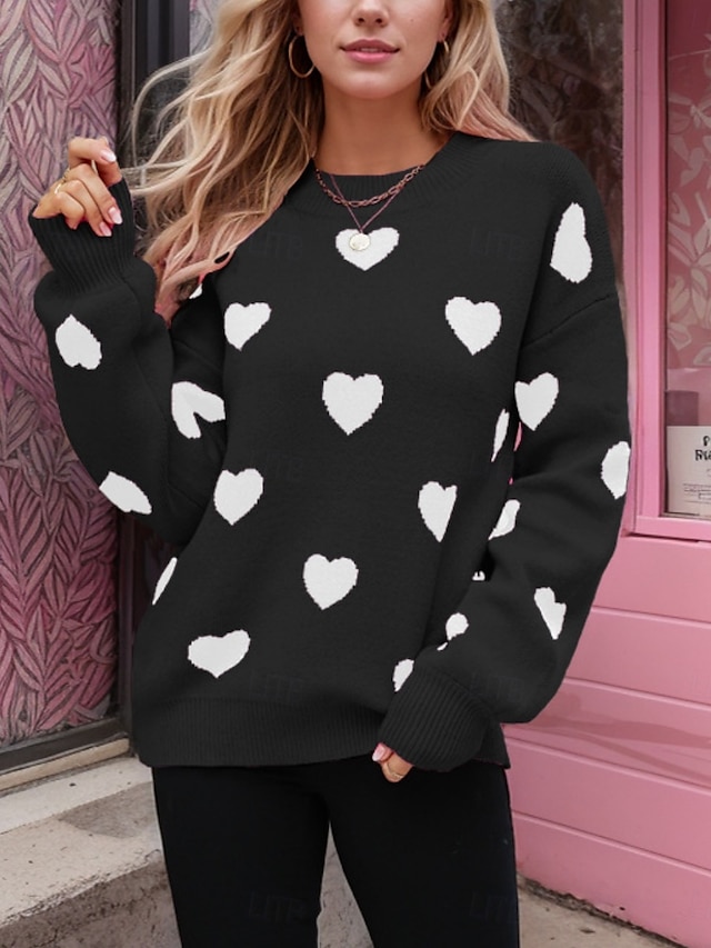  pulover de îndrăgostiți pentru femei ocazional moale cu inimă striată gâtul turn tricotat cu mânecă lungă topuri obișnuite tricotate în aer liber weekend zilnic negru roșu toamnă iarnă