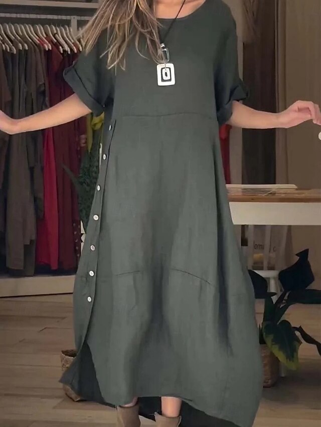  Damskie Sukienka mini Sukienki inspirowane lnem Codzienne sukienki Zwykła sukienka Bawełniana sukienka maxi Codzienny Sport i turystyka Ulica Regularny Równina Krótki rękaw Półgolf Zielony Morelowy