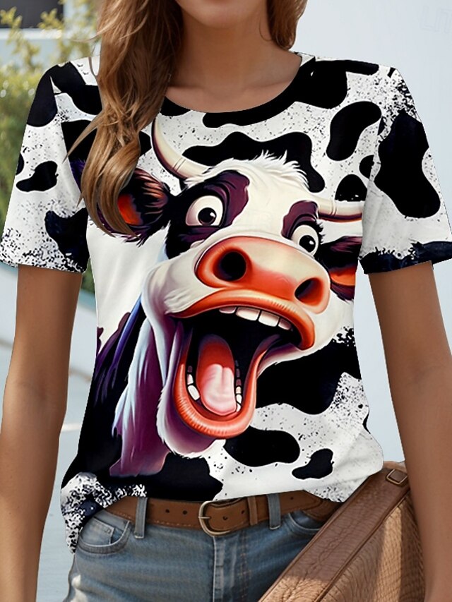 Women's T Shirt Cow Casual Short Sleeve Round Neck Regular Tops Daily Print White Summer4