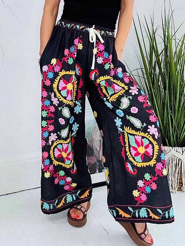 Women's Wide Leg Chinos Fashion Streetwear Full Length High Waist Floral Pocket Elastic Waistband Comfy Soft Comfortable Micro-elastic Outdoor Street Black Spring &  Fall Regular Fit4