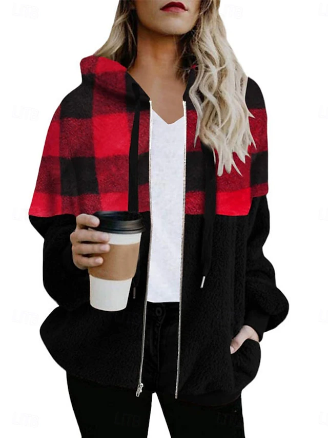 Women's Winter Coat Winter Jacket Teddy Coat Hoodie Jacket Outdoor Street Daily Fall Winter Regular Coat Regular Fit Warm Breathable Comtemporary Stylish Jacket Long Sleeve Stripes and Plaid with4