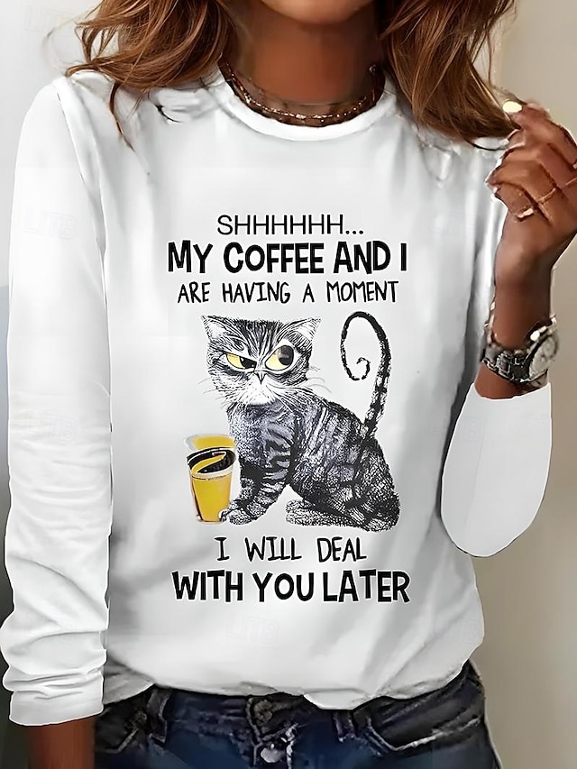  Women's 100% Cotton Tunic T Shirt Fashion Casual Print Long Sleeve Regular Tops Crew Neck Daily Black White Spring Fall