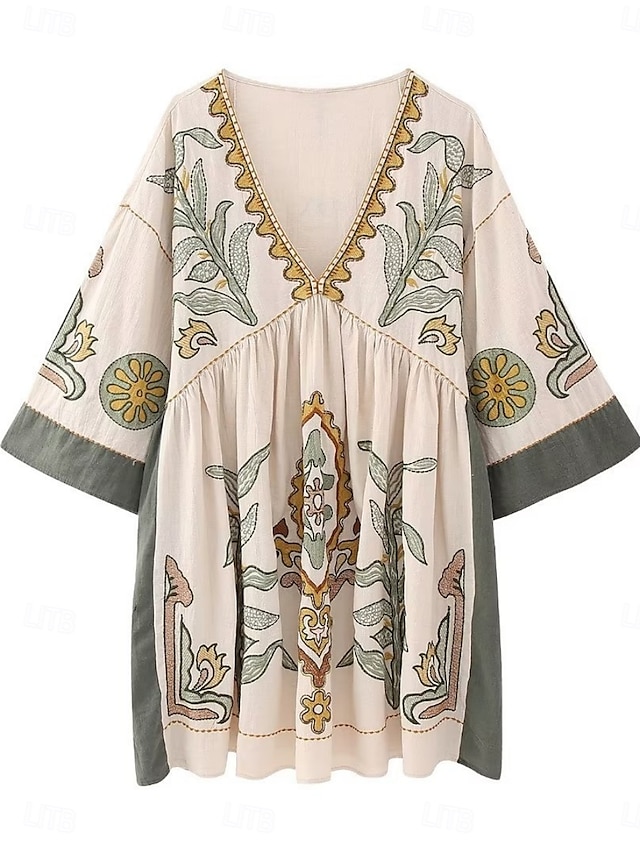  Dam Mini klänning Vardagsklänning A linjeklänning Boho-klänning bohemliv Ledigt Semester Dagligen Normal Blommig 3/4 ärm V-hals Beige Vår Höst