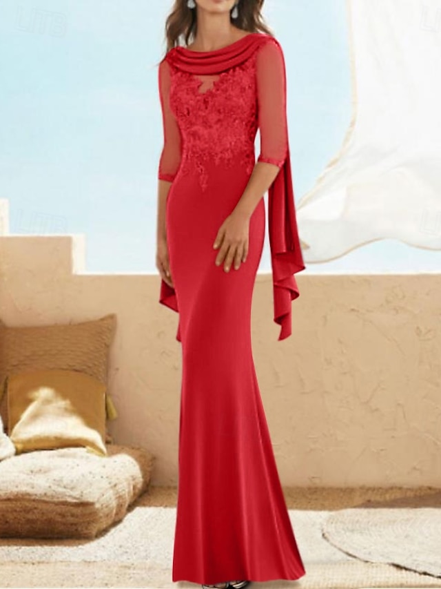  Meerjungfrau  Trompete Brautmutter Kleid Elegantes Wickelkleid Inklusive Juwelenhals Bodenlänge Satin Halbarm mit Applikationen Raffung 2025