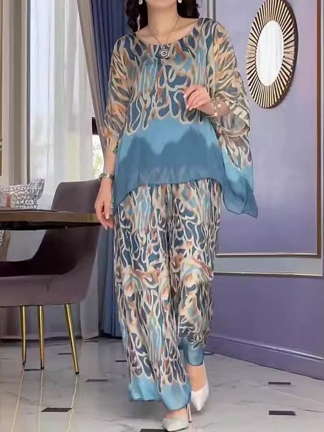 Women's Fashion Streetwear Daily T Shirt Wide Leg Pants 3/4 Length Sleeve Crew Neck Geometric Print Casual Daily Blue Summer Regular Fit4