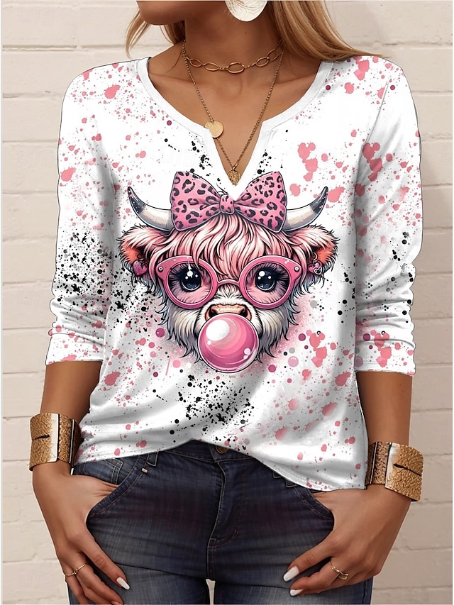  Femme T shirt Animal Décontractées manche longue Col cranté Hauts réguliers du quotidien Imprimer Blanche Printemps Automne