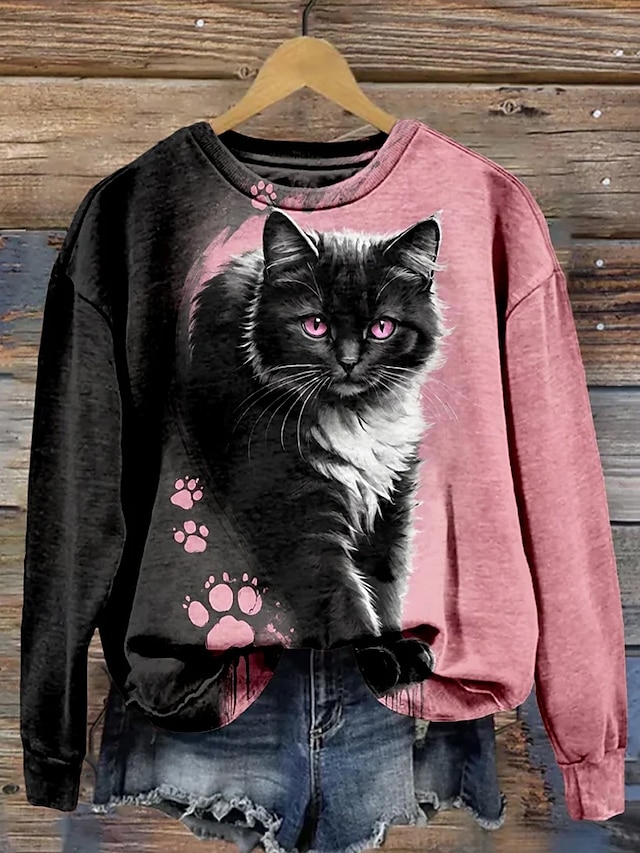  felpa con cappuccio casual da donna con stampa a maniche lunghe con gatto rosa autunno inverno