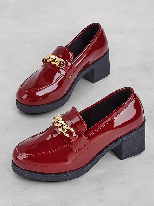 Women's Wine Red Patent Leather Loafers - Chunky Heel with Metal Chain Detail, Elegant Slip-On Shoes for Office or Party Wear 12