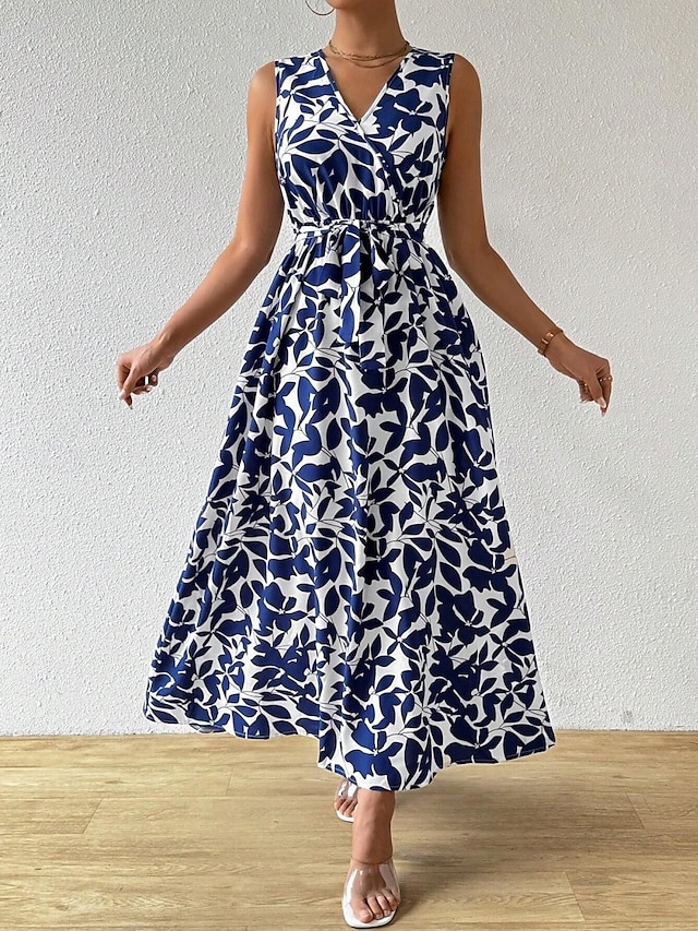  vestido longo feminino floral com decote em v sem mangas verão primavera