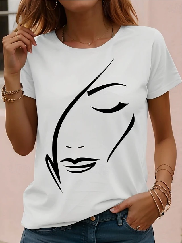 Women's T shirt Tee Black White Red Floral Short Sleeve Casual Daily Basic Round Neck Regular S 6