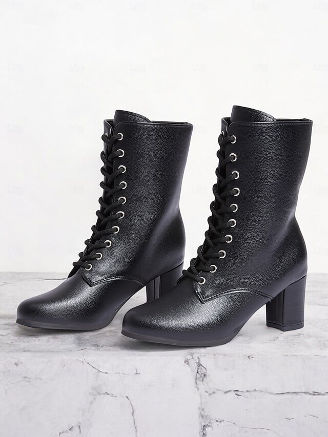 Women's Black Faux Leather Lace-Up Victorian Boots with Mid-Heel, Elegant and Timeless Design for Formal and Vintage-Inspired Occasions 11