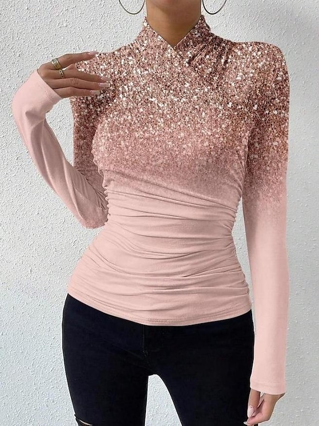  Per donna maglietta Ambra Informale Manica lunga A V Collo alto Top regolari Da mare Giornaliero Stampa Asimmetrico Argento Nero Rosa Primavera & Autunno