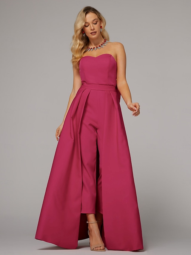  Jumpsuits Evening Gown Elegant Dress Wedding Guest Floor Length Sleeveless Sweetheart Pocket Satin with Bow(s) Overskirt