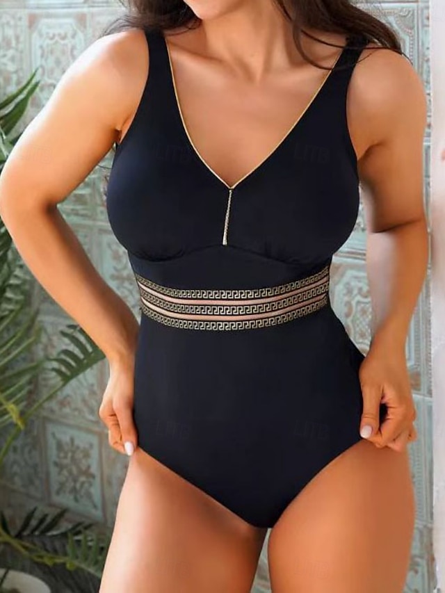  Femme Maillots de Bain Une pièce Monokini Maillot de bain Dos Nu Patchwork Contrôle du Ventre Taille haute Mince Vacances Tenues de plage Couleur unie Col V Sans Manches Maillots de bain
