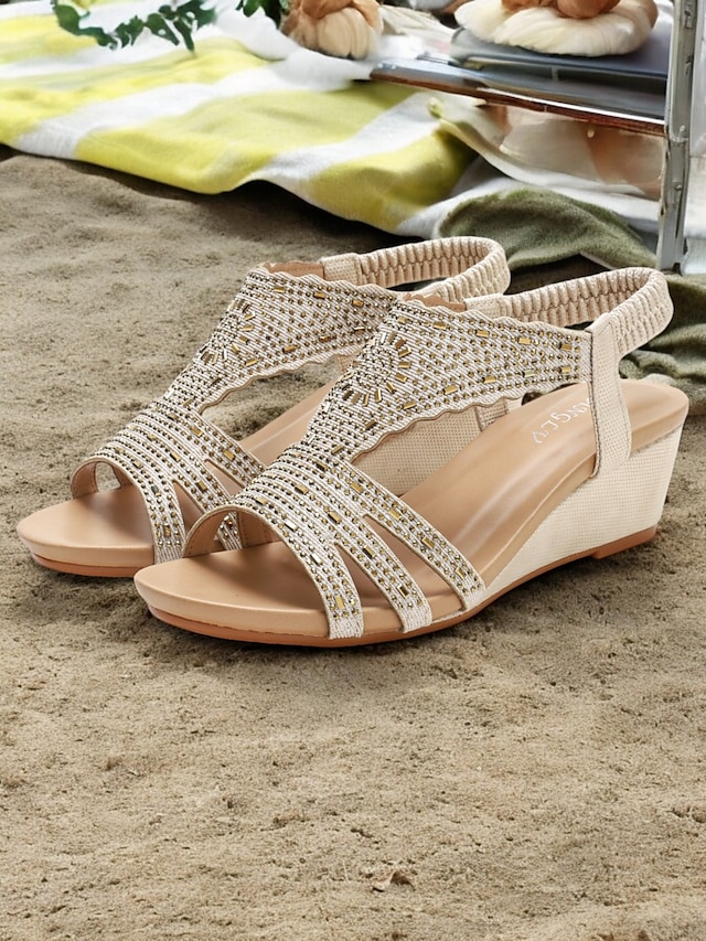  Women's Bohemian Rhinestone Wedge Sandals – Sparkly Elastic Strap Open-Toe Shoes for Summer, Beach, Casual & Evening Wear