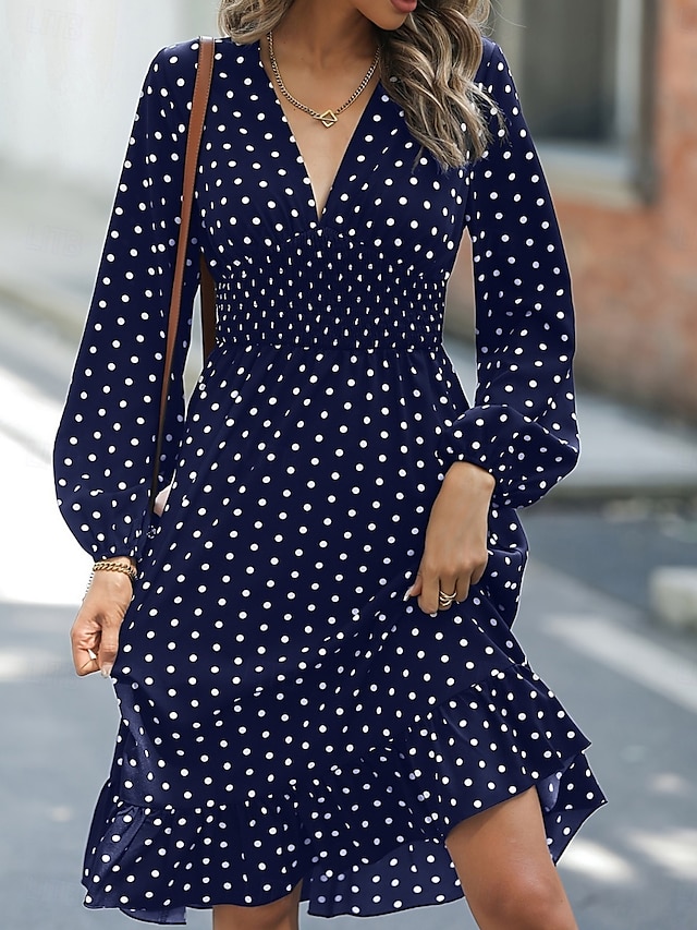  Women's Mini Dress Casual Dress A Line Dress Stylish Casual Vacation Daily Regular Fit Polka Dot Long Sleeve V Neck Navy Blue Green Spring Fall