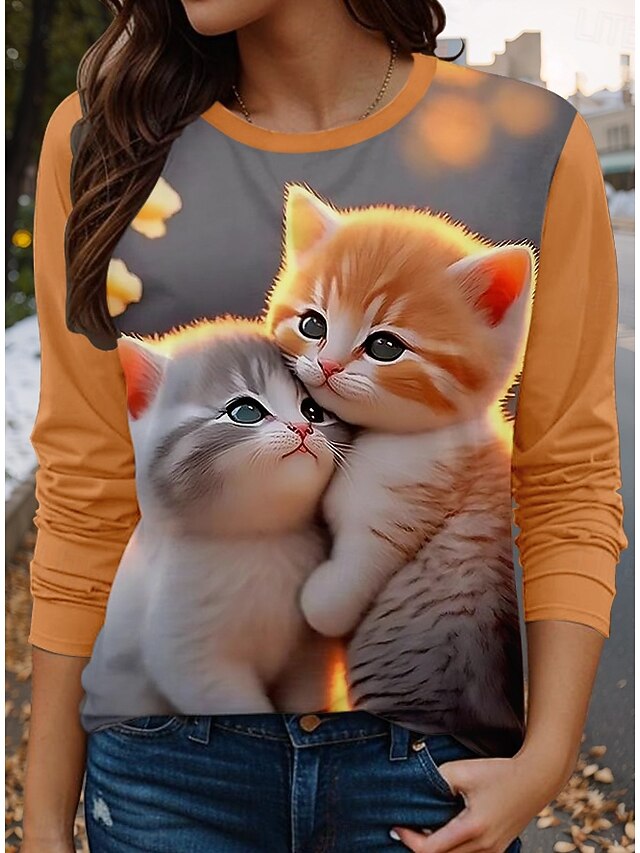 Women's T shirt Crew Neck Long Sleeve Tunic Cat Casual  Regular Tops Valentine's Day Daily Print Orange Spring Fall4