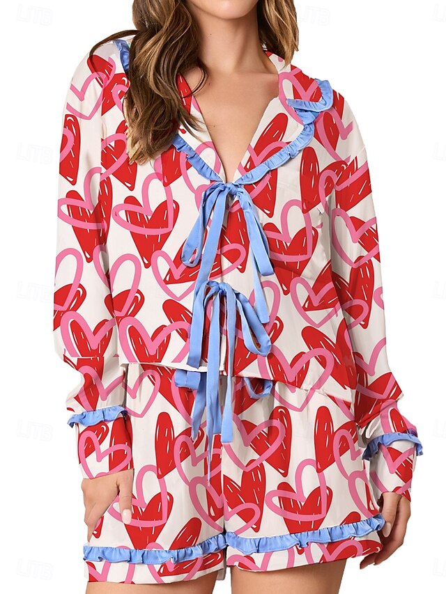  Pentru femei Set pijama Casual Confortabili Inimă Talie elastică Tricou Pantaloni Casă Zilnic Manșon Lung Rever Roșu-aprins Mov Roșu trandafiriu Toamnă Iarnă