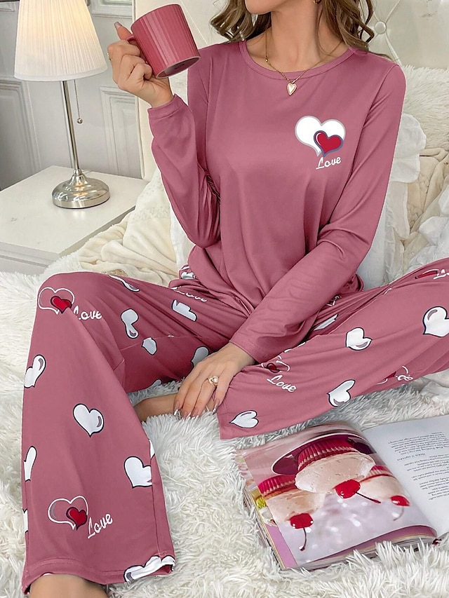  Dam Pyjamas set Ledigt Komfort Comfrt Hjärta T-shirt Byxa Hem Långärmad Rund hals Rodnande Rosa Vår Höst Vinter