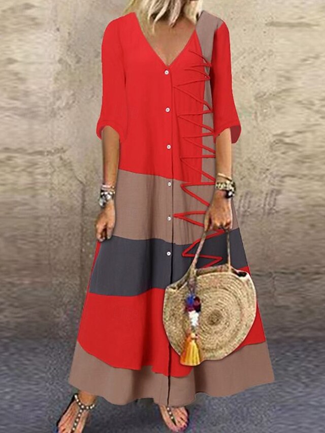 Women's Color Block Boho Dress V Neck Maxi Dress Vintage Ethnic ...