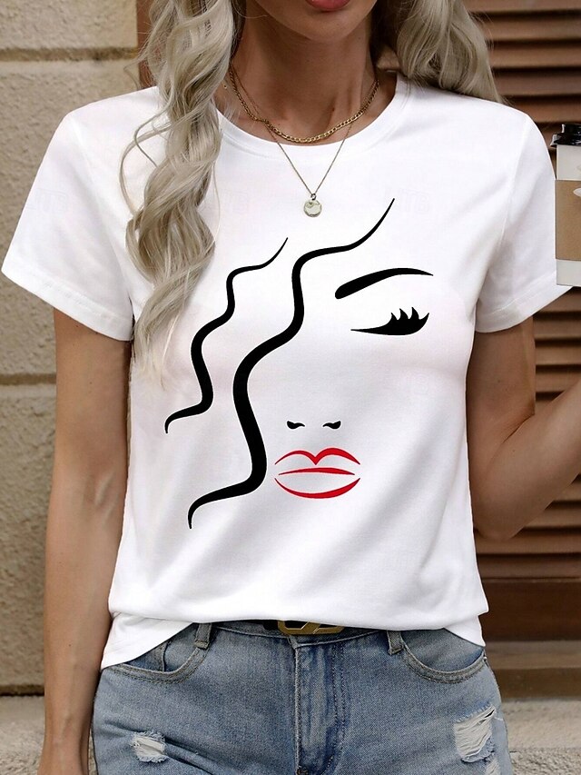 Women's 100% Cotton T Shirt Casual Graphic Regular Tops Short Sleeve Round Neck Print Regular Fit Daily White Summer4