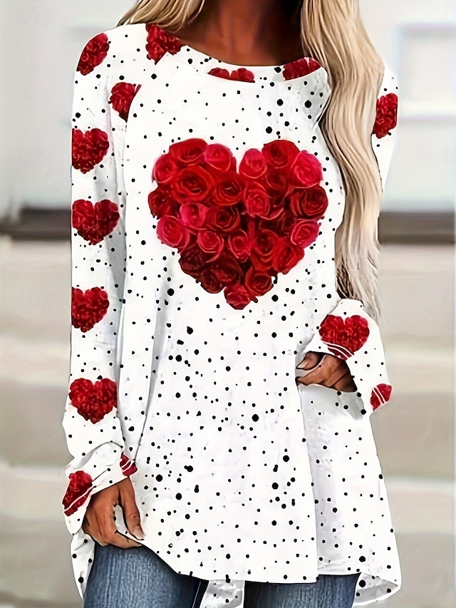  T-shirt cuore donne di San Valentino carina t-shirt rossa casual rosa maglie lunghe maniche lunghe girocollo stampa regolare vestibilità quotidiana giorno di San Valentino bianco autunno inverno