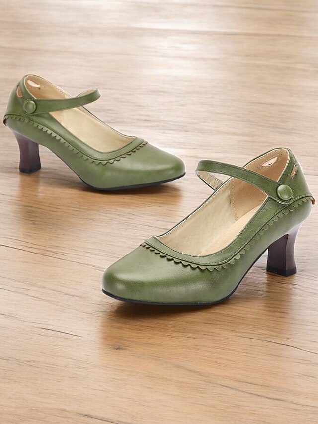 Women's Vintage Green faux Leather Mary Jane Heels with Scalloped Edge and Button Detail - Comfortable Low Heels for Work, Formal Events and Retro Style Outfits 16