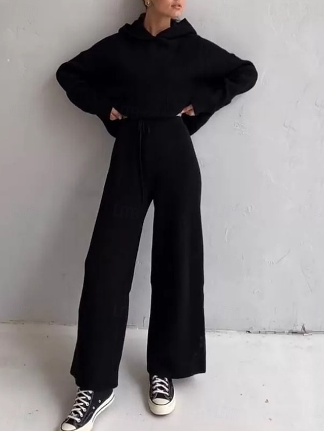  Dame Mode Gade Daglig Hattetrøje Joggingbukser Langærmet Rund hals Vanlig Snørelukning Afslappet Daglig Sort Hvid Blå Efterår Regulær