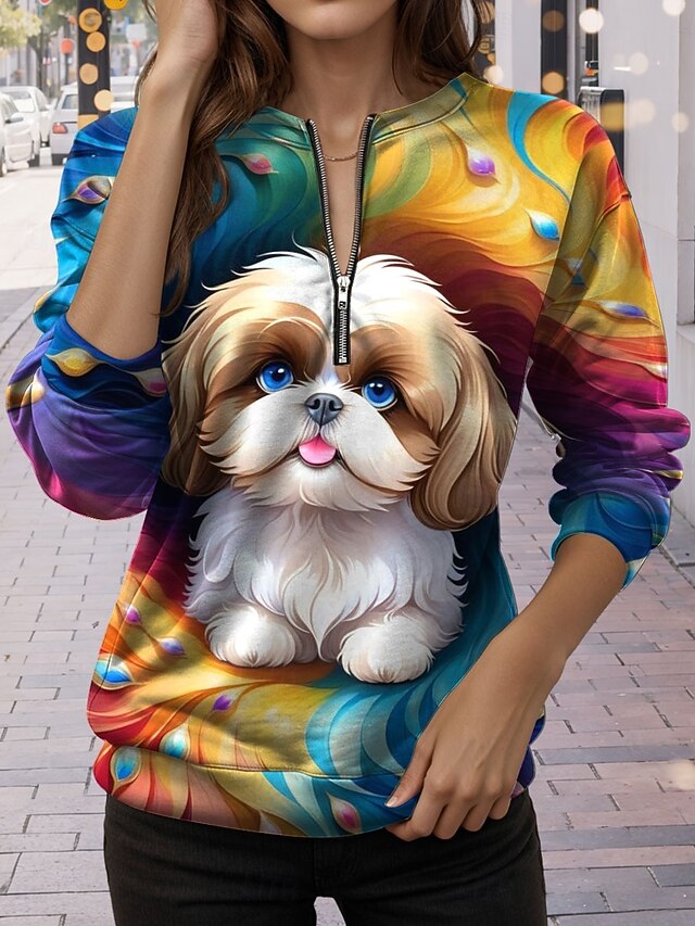 Women's Quarter Zipper Sweater Dog Casual Long Sleeve Crew Neck Regular Tops Street Dailywear Print Blue Fall Winter4