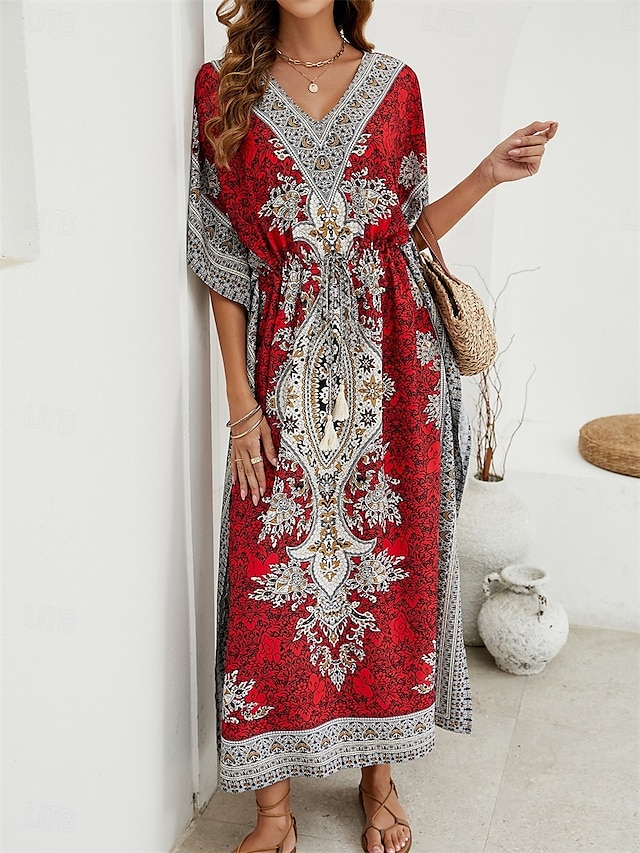  Dam Maxiklänning Vardagsklänning Boho Chic klänningar Boho-klänning bohemliv söt stil Stylish Semester Dagligen Strand Lös passning Grafisk Kortärmad V-hals Rubinrött Blå Sommar Vår Höst