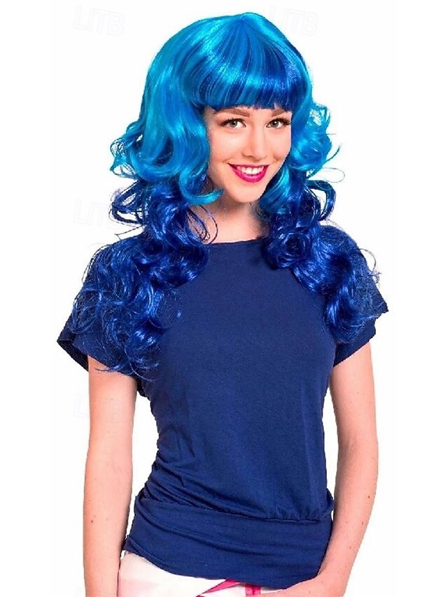 Neon Blue Curly Wig For Women With Fringe Long Carnival Hair Costume Party2