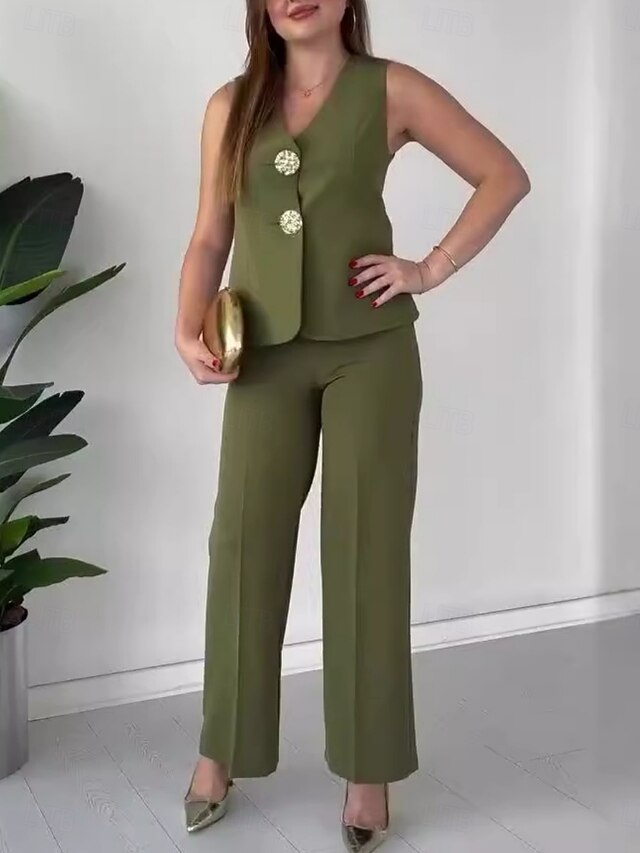  בגדי ריקוד נשים סט עבודה צווארון V כפתורים צבע אחיד נוח סגנון OL רגיל הלבשה עליונה ללא שרוולים קיץ אפור בהיר S