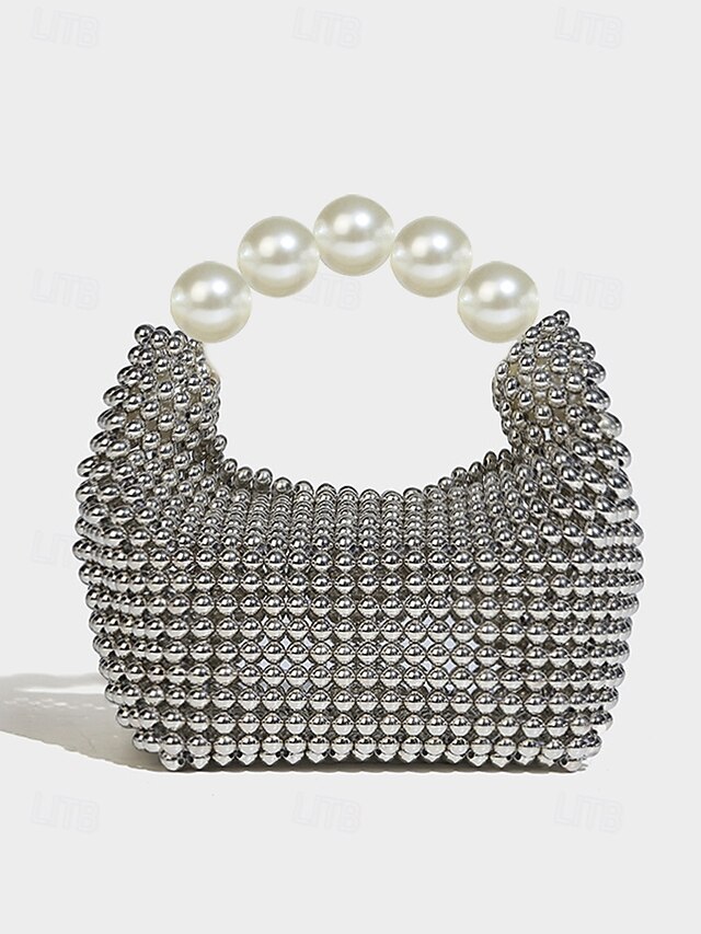  Women's Faux Pearl Beaded Handbag with Large Pearl Handle, Elegant Evening Clutch for Weddings, Parties and Formal Events Black Silver Beige