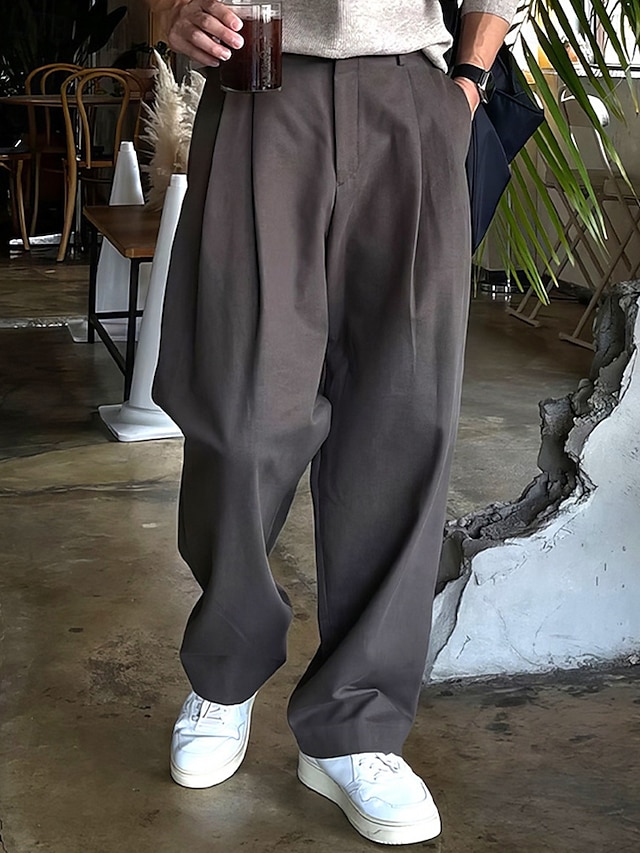  Homens Social Calças chinês Calças Plissadas Botões Bolsos Perna reta Tecido Conforto Formal Festa Trabalho Moda Estilo Clássico Preto Cinzento Escuro Micro-Elástica