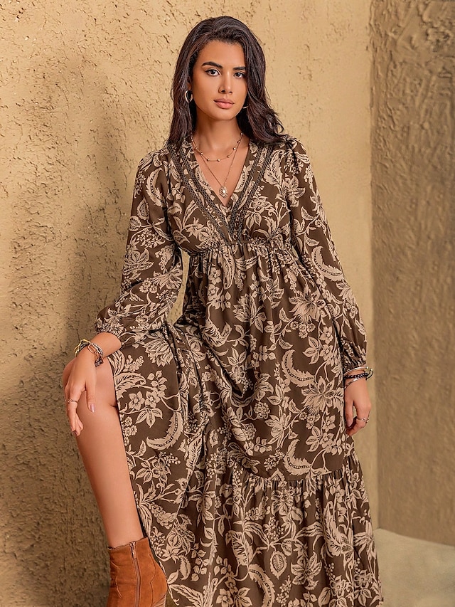  Dámské Maxi šaty Volnočasové šaty Boho šaty s dlouhým rukávem Boho šaty Na běžné nošení Cikánský Nahoře nabírané Domů Práce Denní Běžný Grafika Geometrický Dlouhý rukáv Do V Žlutá Hnědá Léto Jaro