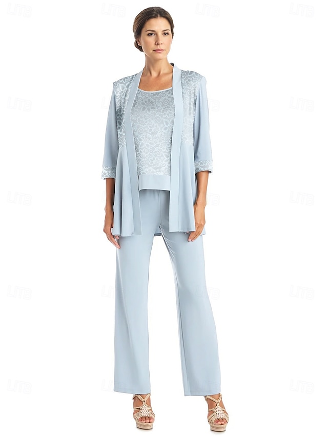  Jumpsuit  Pantalone Matrimonio in Spiaggia 3 Pezzi Madre della Sposa Elegante Collo Gioiello Lunghezza Floor in Chiffon Manica Lunga Inclusa con Pizzo Colore Solido
