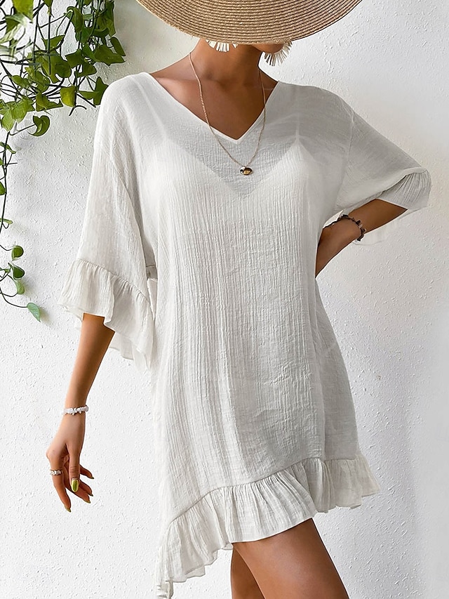  Women's Midi Dress Linen-Inspired Dresses White Dress Black Dress Casual Dress Elegant Stylish Casual Vacation Daily Regular Fit Plain Short Sleeve V Neck Black White Summer