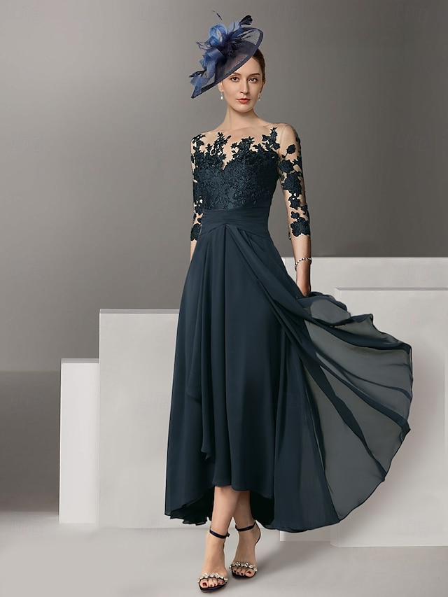  A-Linie Cocktailkleider elegantes Kleid Hochzeitsgast asymmetrisch 3/4 Ärmel Juwel-Ausschnitt Stretch-Satin mit Applikationen 2025 maßgeschneiderte Größe kostenlos