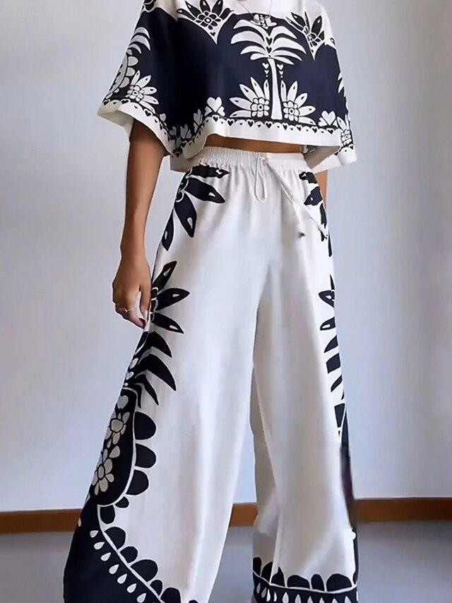 Women's Fashion Streetwear Daily Blouse Wide Leg Pants 3/4 Length Sleeve Crew Neck Floral Drawstring Casual Daily White Spring &  Fall Regular Fit4