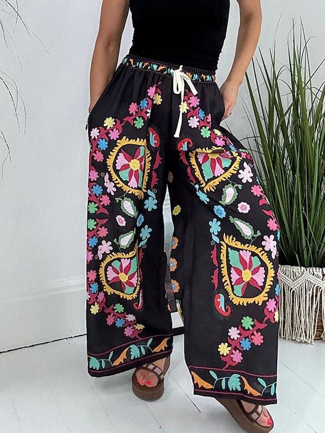  Damen Breites Bein Chinesisch Chino Modisch Strassenmode In voller Länge Hoher Taillenbund Blumen Tasche Elastischer Bund Bequem Weich Komfortabel Mikro-elastisch Outdoor Strasse Schwarz Frühling