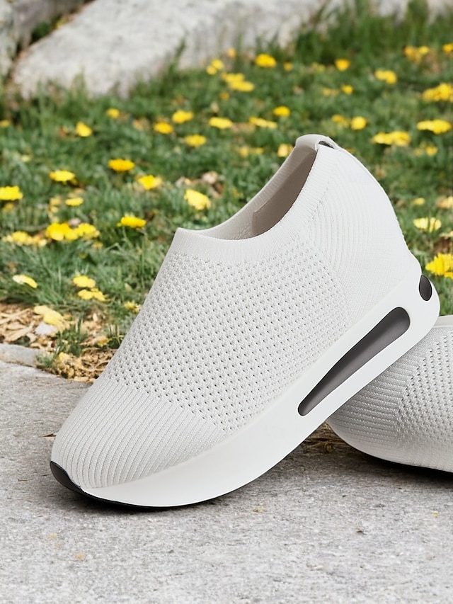  hvite slip-on-strikkede joggesko for kvinner med pustende mesh og skjult hæl - lette fritidssko for turgåing og hverdagsbruk