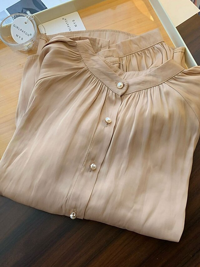  Mulheres Camisa Social Côr Sólida Elegante à moda Casual Manga Longa Gola Alta Tops regulares Trabalho Diário Para Noite Preto Azul Cáqui Bege Verão Primavera Outono