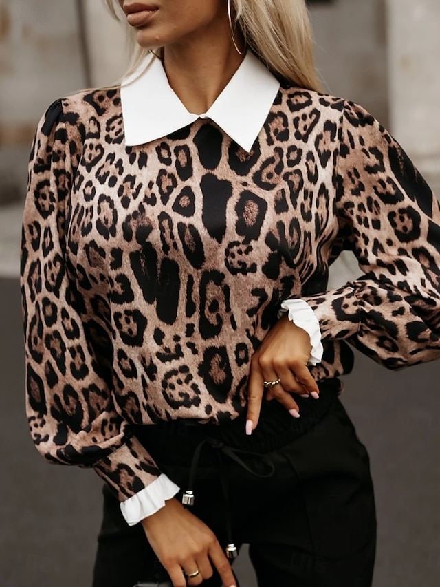  Women's Shirt Blouse Leopard Basic Casual Long Sleeve Shirt Collar Regular Tops Daily Print Brown Fall Winter